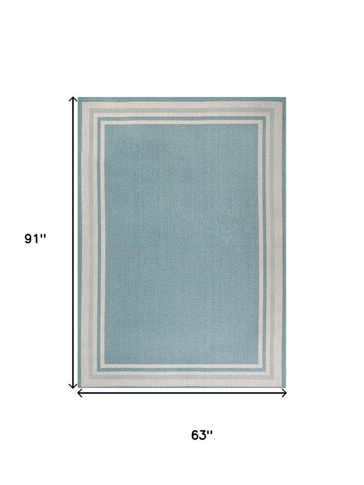 5' X 8' Aqua And Beige Striped Indoor Outdoor Area Rug