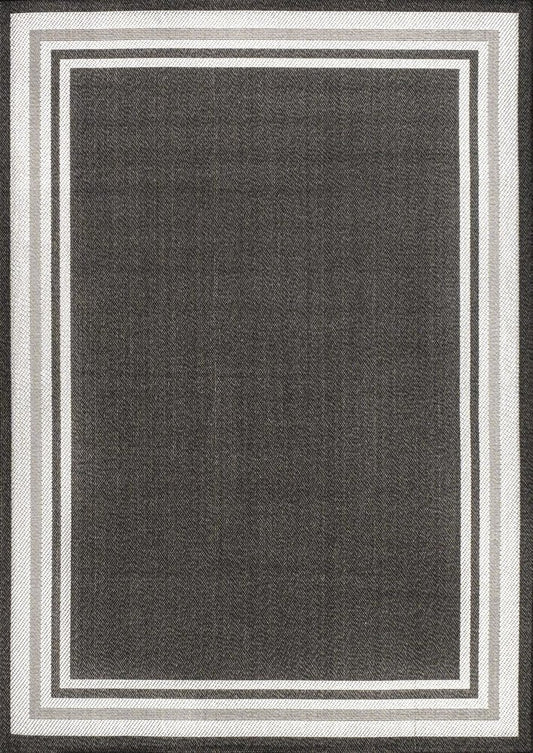 8' X 10' Black And Cream Striped Indoor Outdoor Area Rug