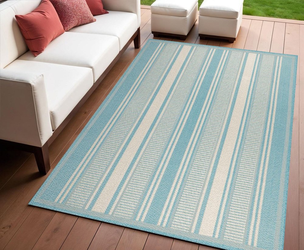 4' X 6' Aqua And Beige Striped Indoor Outdoor Area Rug — view 3