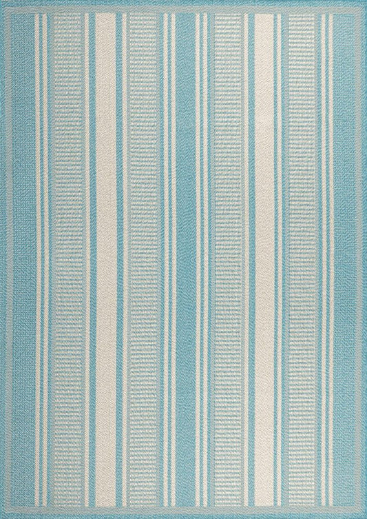 4' X 6' Aqua And Beige Striped Indoor Outdoor Area Rug