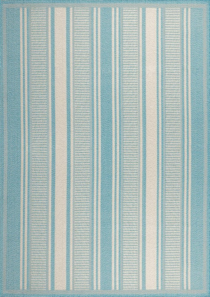 4' X 6' Aqua And Beige Striped Indoor Outdoor Area Rug — view 1