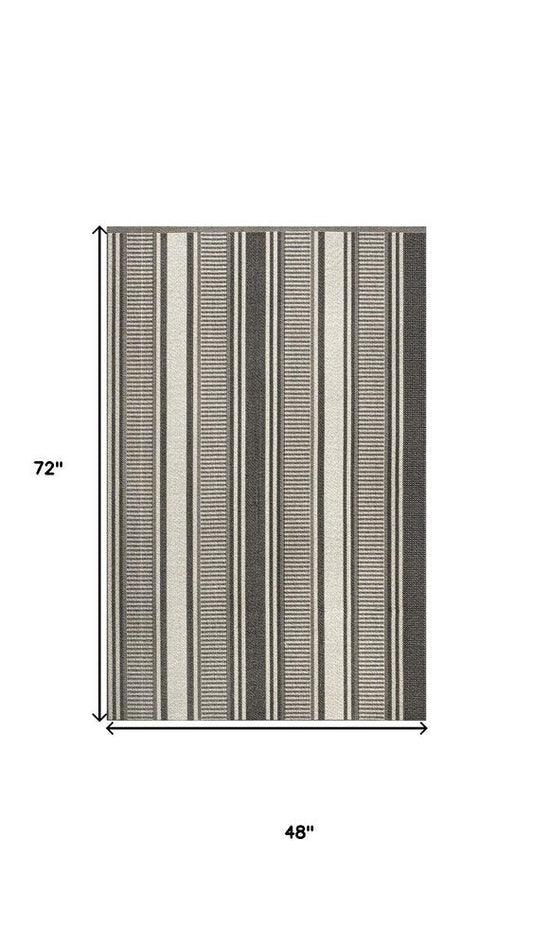 4' X 6' Black And Cream Striped Indoor Outdoor Area Rug