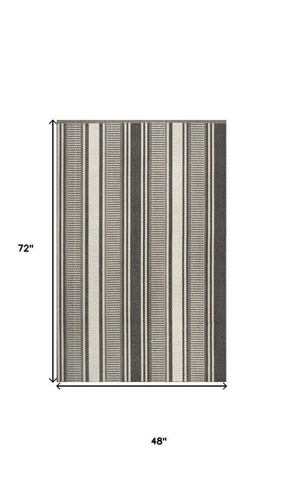 4' X 6' Black And Cream Striped Indoor Outdoor Area Rug — view 2