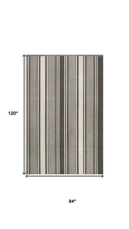 8' X 10' Black And Cream Striped Indoor Outdoor Area Rug