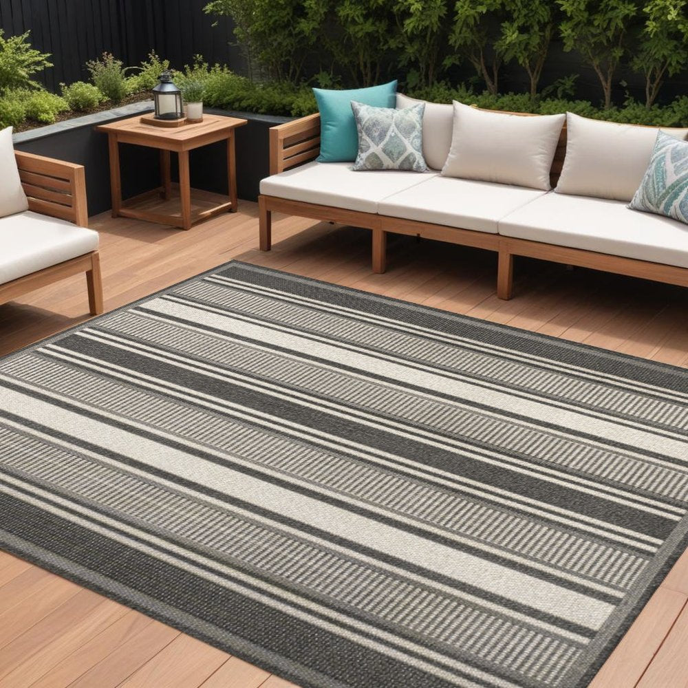 8' X 10' Black And Cream Striped Indoor Outdoor Area Rug