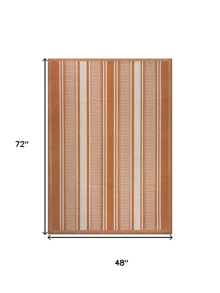 4' X 6' Orange And Cream Striped Indoor Outdoor Area Rug