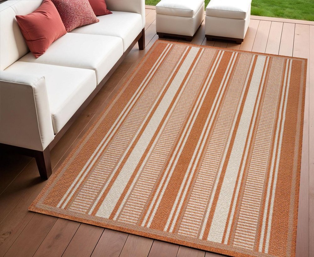 4' X 6' Orange And Cream Striped Indoor Outdoor Area Rug HomeRoots