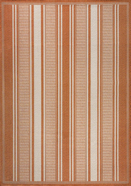 5' X 8' Orange And Cream Striped Indoor Outdoor Area Rug