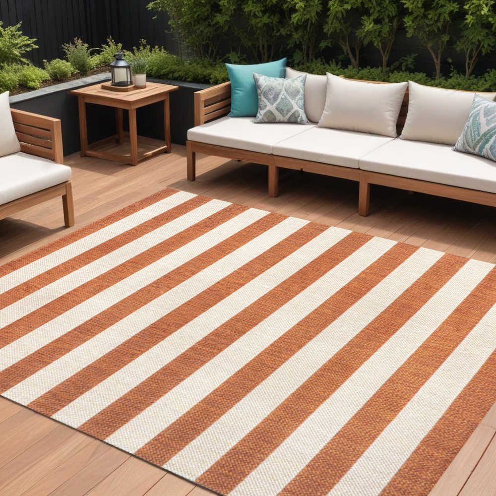 8' X 10' Orange And Beige Striped Indoor Outdoor Area Rug HomeRoots