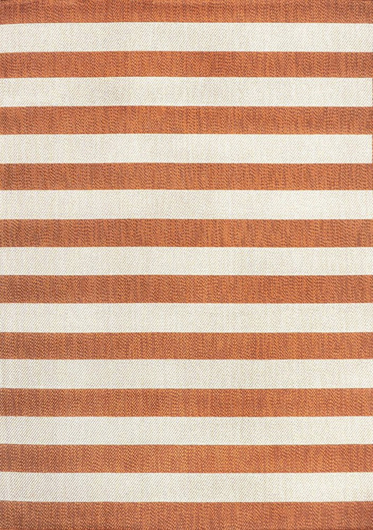 8' X 10' Orange And Beige Striped Indoor Outdoor Area Rug