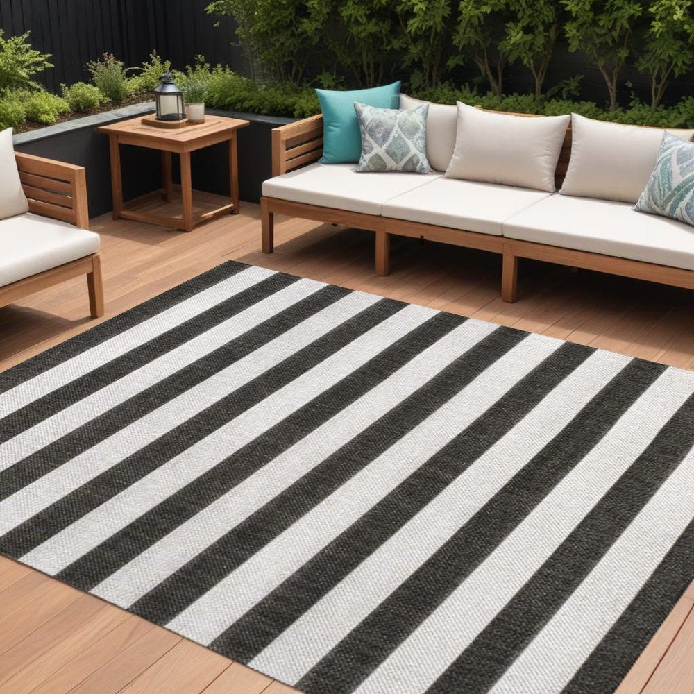 8' X 10' Black And Cream Striped Indoor Outdoor Area Rug HomeRoots