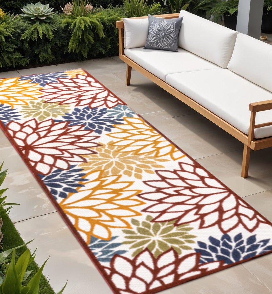 8' Cream Red And Blue Medallion Indoor Outdoor Runner Rug HomeRoots
