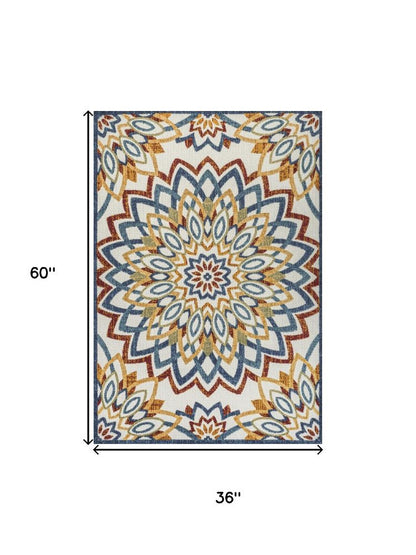 3' X 5' Red Blue And Yellow Medallion Indoor Outdoor Area Rug HomeRoots