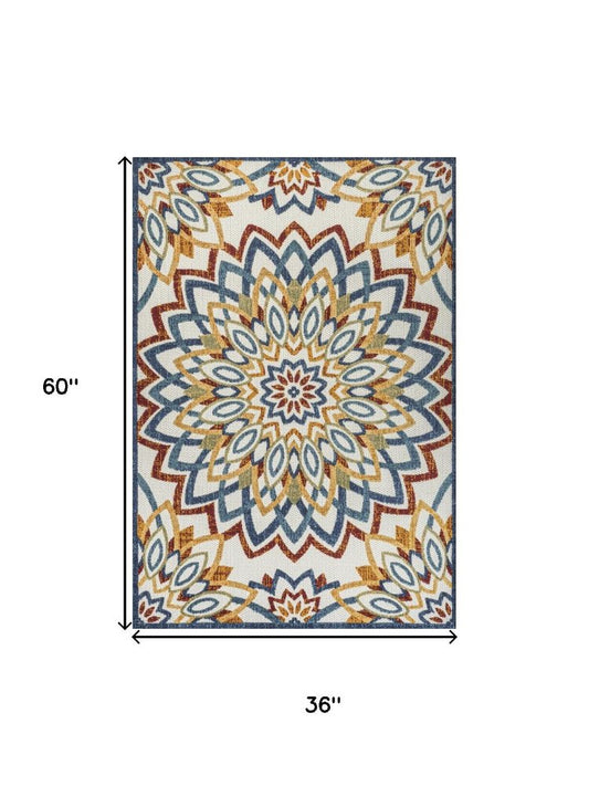 3' X 5' Red Blue And Yellow Medallion Indoor Outdoor Area Rug