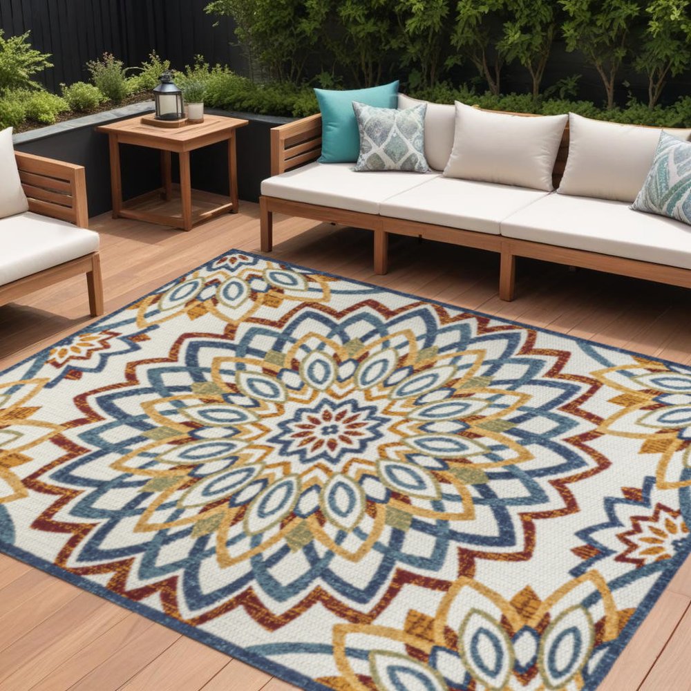 8' X 10' Red Blue And Yellow Medallion Indoor Outdoor Area Rug — view 3