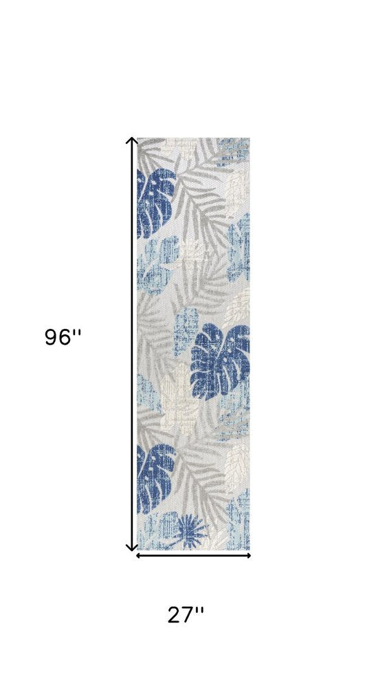 8' Light Gray And Navy Blue Floral Indoor Outdoor Runner Rug HomeRoots