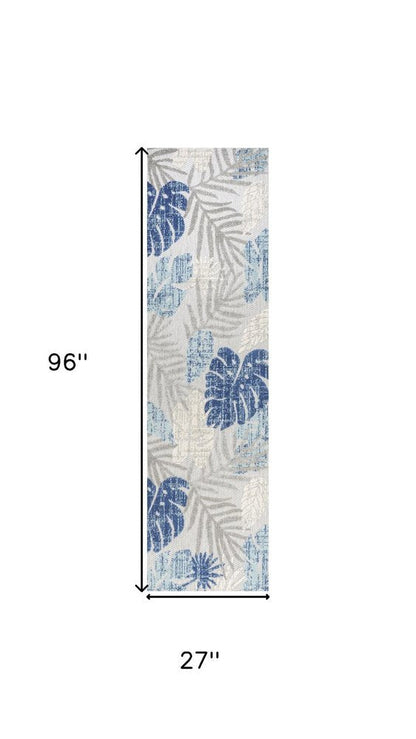 8' Light Gray And Navy Blue Floral Indoor Outdoor Runner Rug HomeRoots