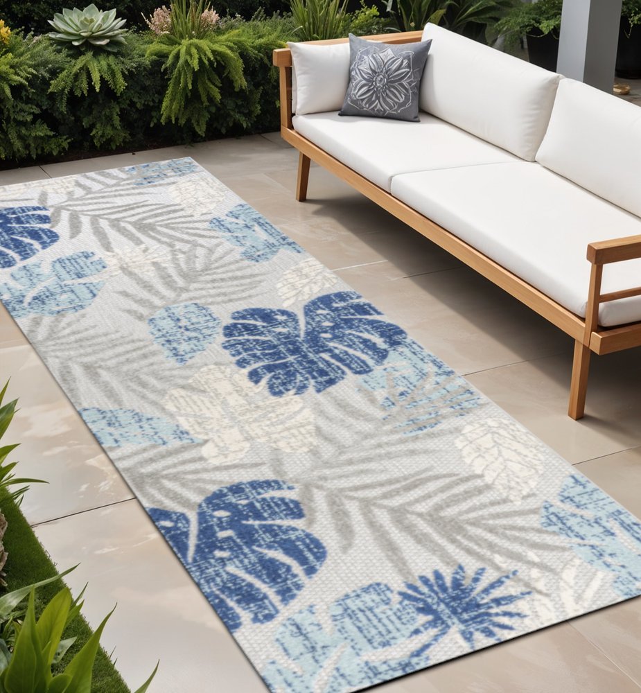 8' Light Gray And Navy Blue Floral Indoor Outdoor Runner Rug HomeRoots