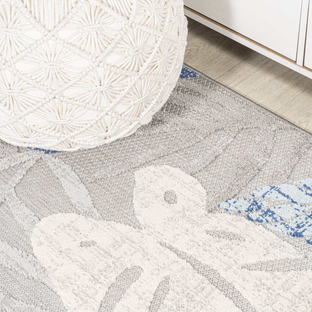 8' Light Gray And Navy Blue Floral Indoor Outdoor Runner Rug — view 4