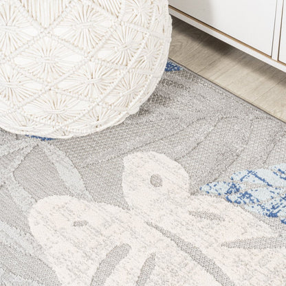8' Light Gray And Navy Blue Floral Indoor Outdoor Runner Rug HomeRoots