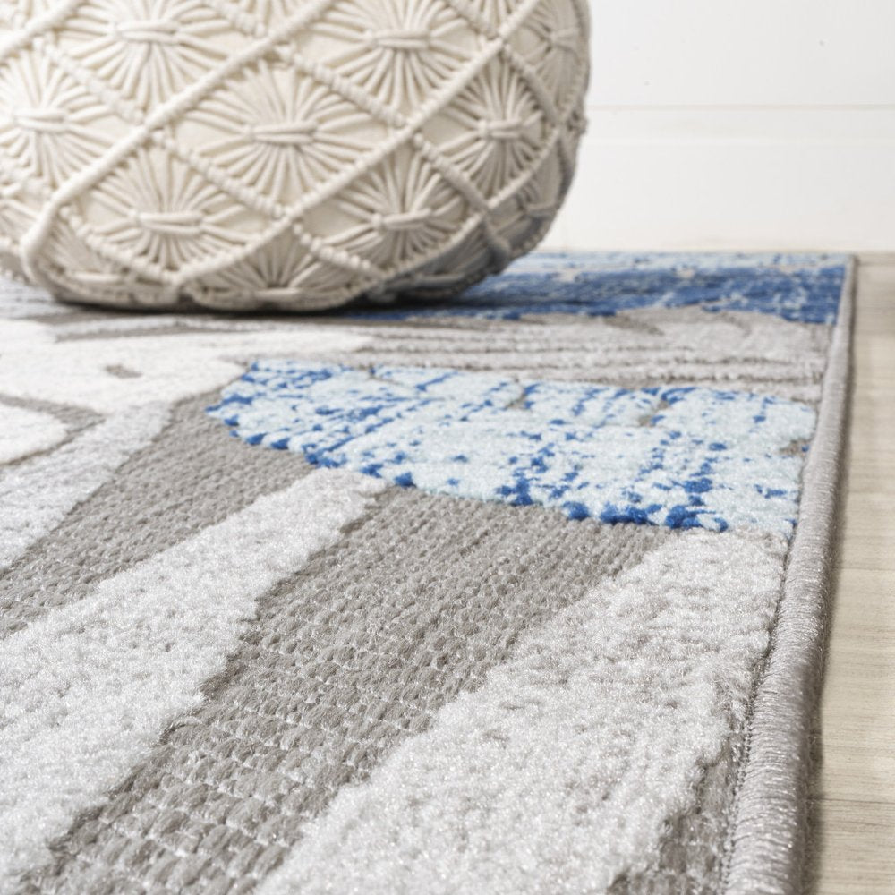 8' Light Gray And Navy Blue Floral Indoor Outdoor Runner Rug HomeRoots