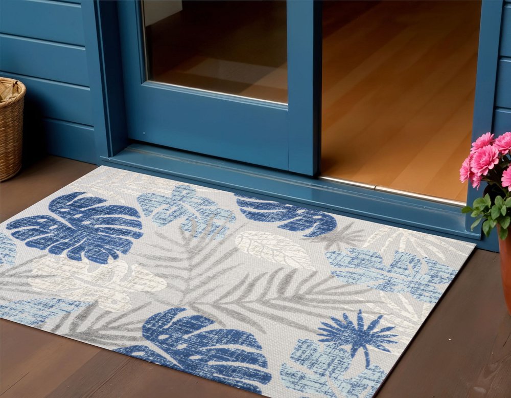 3' X 5' Light Gray And Navy Blue Floral Indoor Outdoor Area Rug — view 4