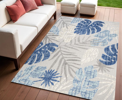 4' X 6' Light Gray And Navy Blue Floral Indoor Outdoor Area Rug HomeRoots