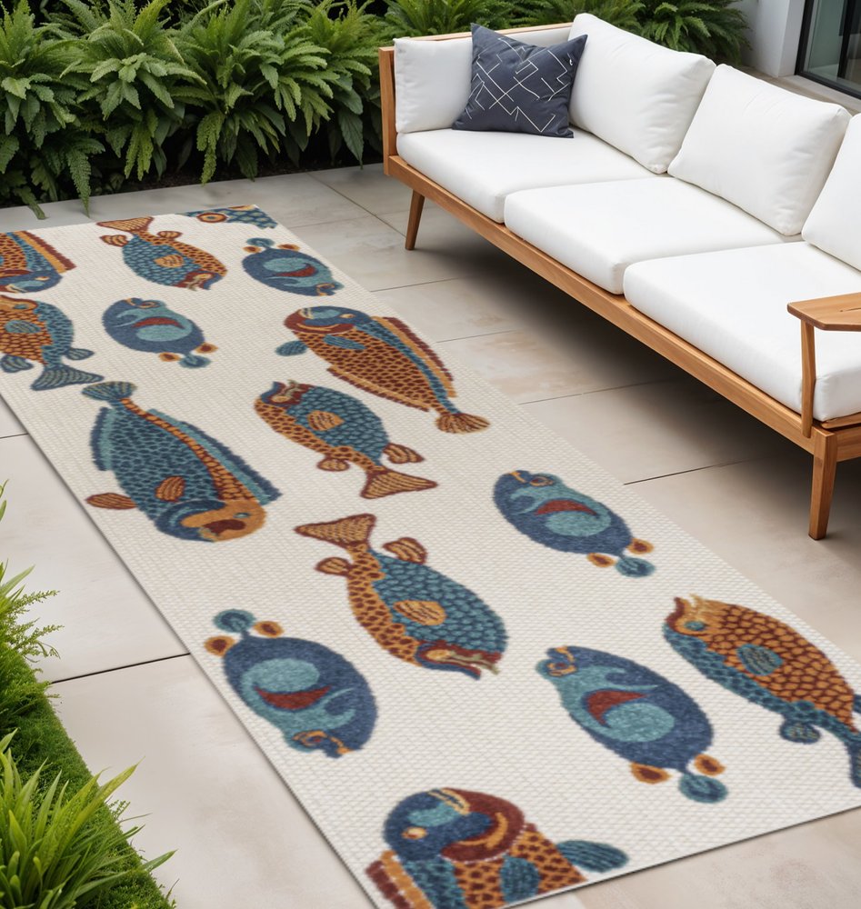 8' Navy Blue Orange And Cream Animal Print Indoor Outdoor Runner Rug — view 6