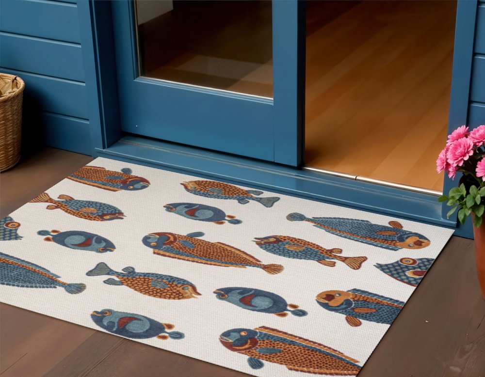 3' X 5' Navy Blue Orange And Cream Animal Print Indoor Outdoor Area Rug — view 3