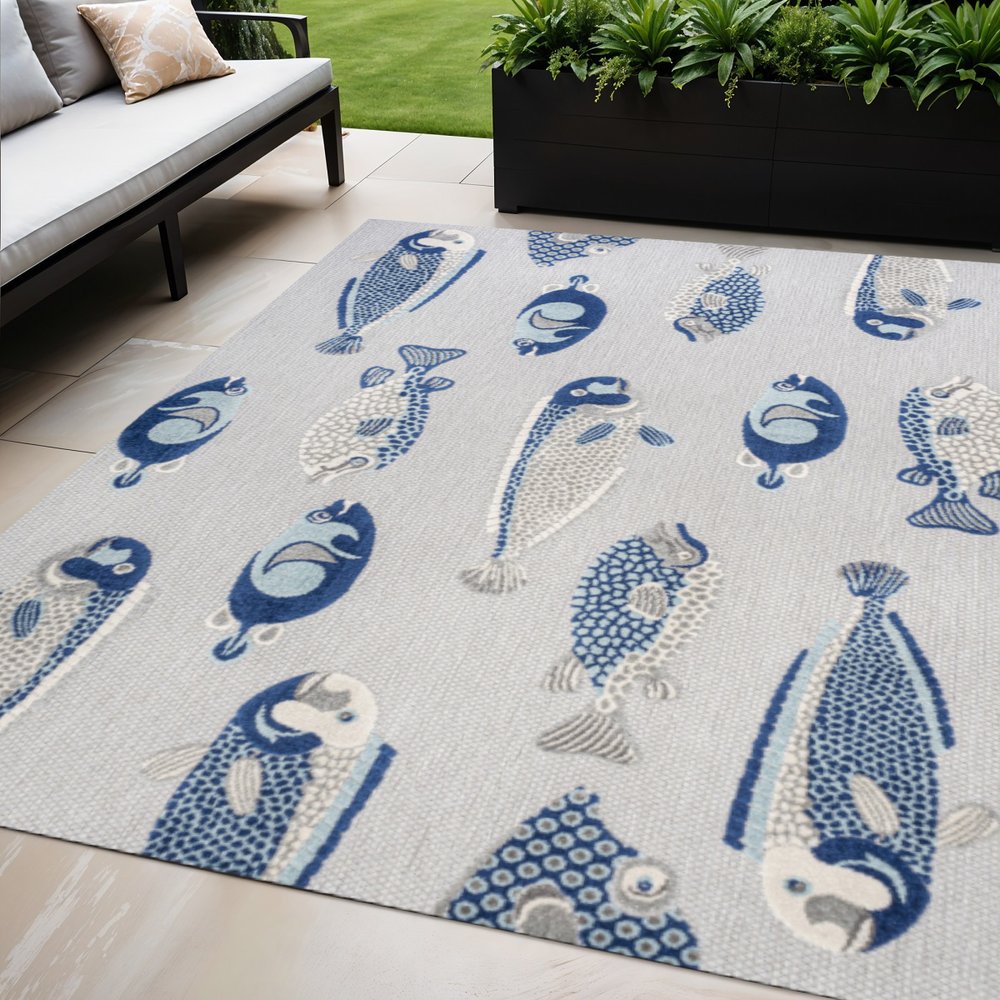 5' X 8' Gray And Navy Blue Animal Print Indoor Outdoor Area Rug