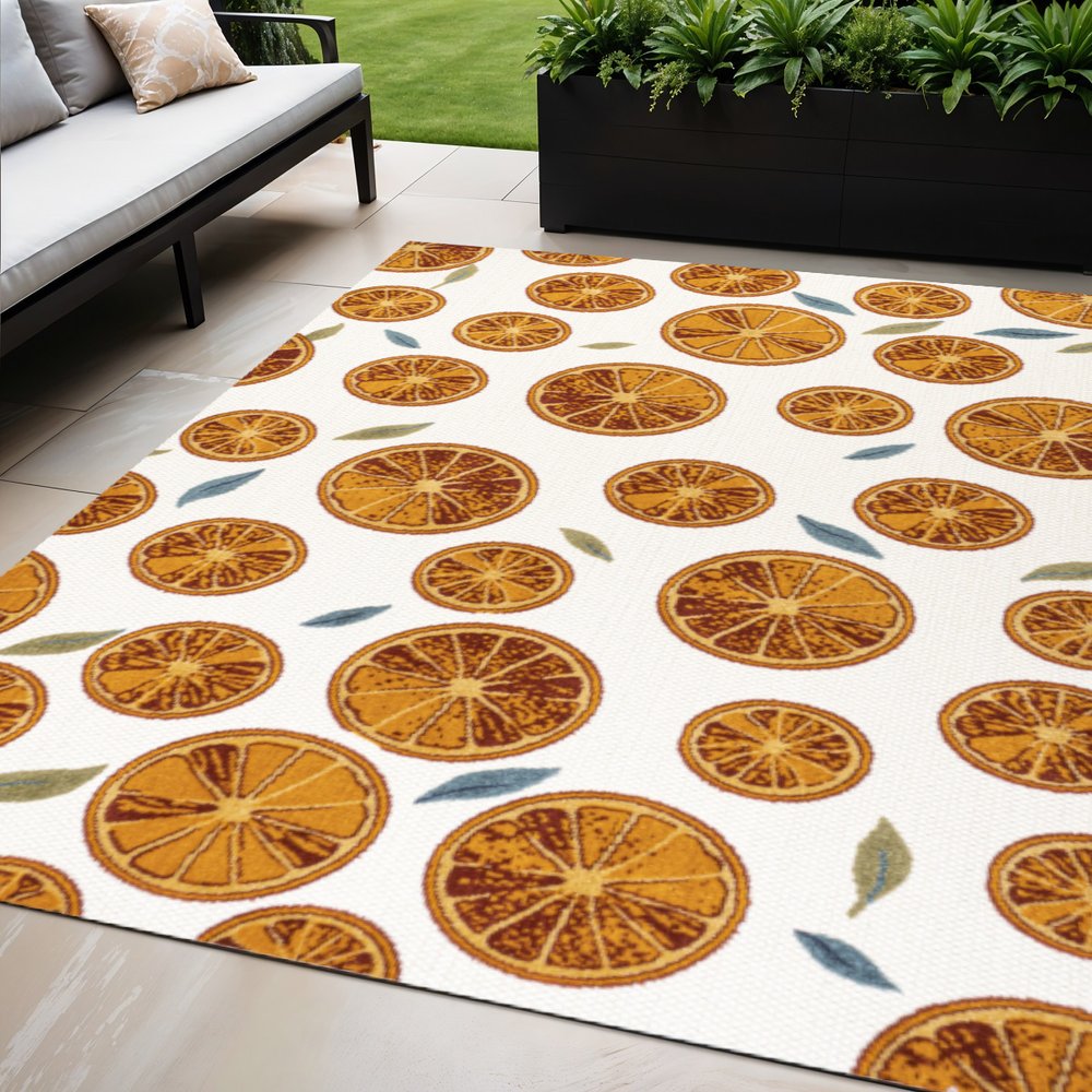 5' X 8' Orange And Cream Polka Dot Indoor Outdoor Area Rug — view 5