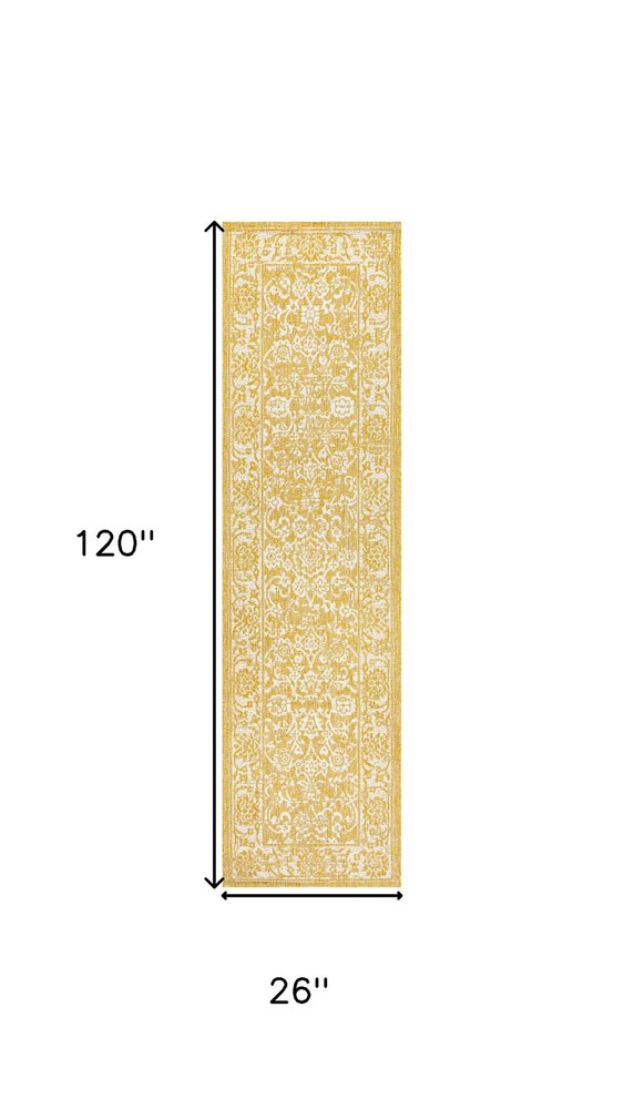 10' Yellow And Cream Medallion Indoor Outdoor Runner Rug HomeRoots