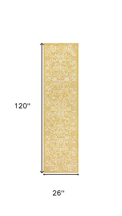 10' Yellow And Cream Medallion Indoor Outdoor Runner Rug HomeRoots