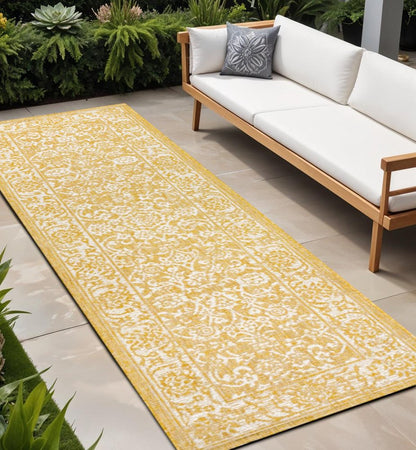 10' Yellow And Cream Medallion Indoor Outdoor Runner Rug HomeRoots