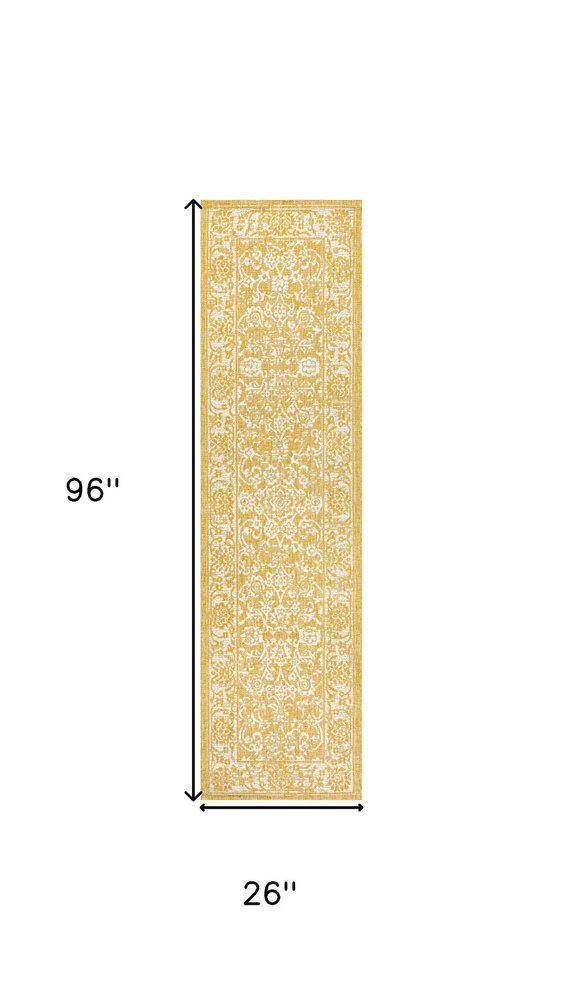 8' Yellow And Cream Medallion Indoor Outdoor Runner Rug HomeRoots