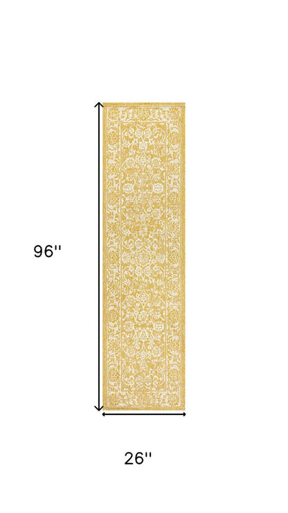 8' Yellow And Cream Medallion Indoor Outdoor Runner Rug HomeRoots