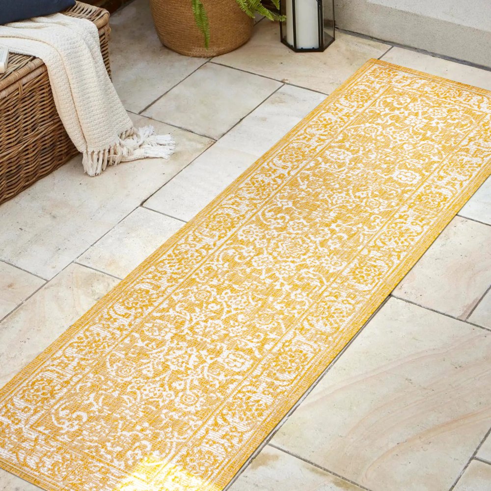 8' Yellow And Cream Medallion Indoor Outdoor Runner Rug HomeRoots