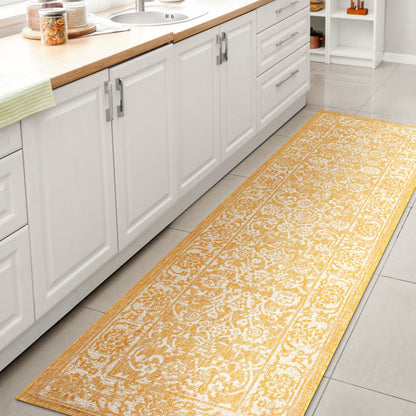 8' Yellow And Cream Medallion Indoor Outdoor Runner Rug HomeRoots