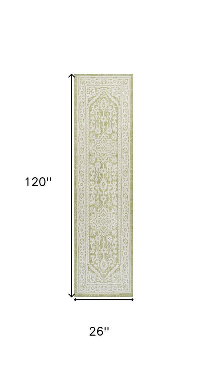 10' Green And Cream Medallion Indoor Outdoor Runner Rug HomeRoots