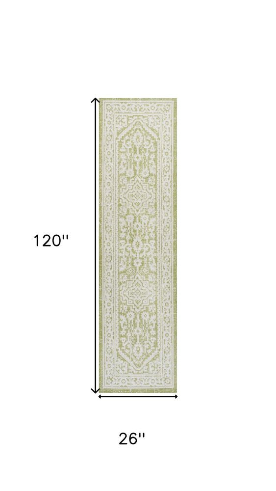 10' Green And Cream Medallion Indoor Outdoor Runner Rug HomeRoots