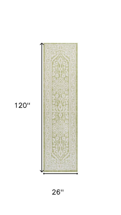 10' Green And Cream Medallion Indoor Outdoor Runner Rug HomeRoots