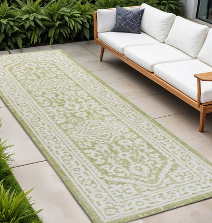 10' Green And Cream Medallion Indoor Outdoor Runner Rug HomeRoots
