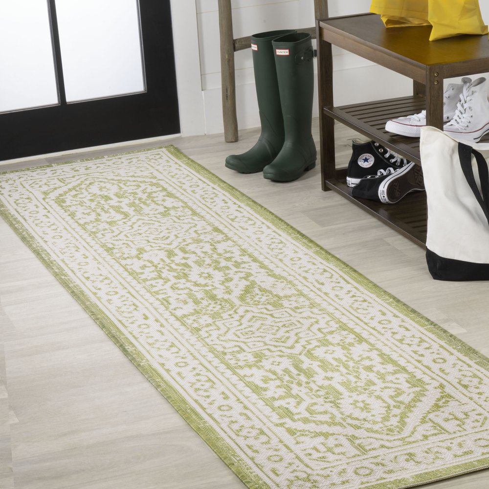10' Green And Cream Medallion Indoor Outdoor Runner Rug HomeRoots