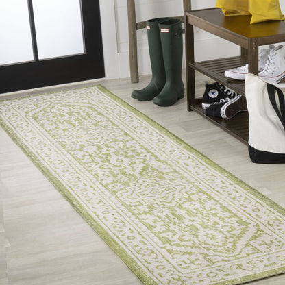 10' Green And Cream Medallion Indoor Outdoor Runner Rug HomeRoots
