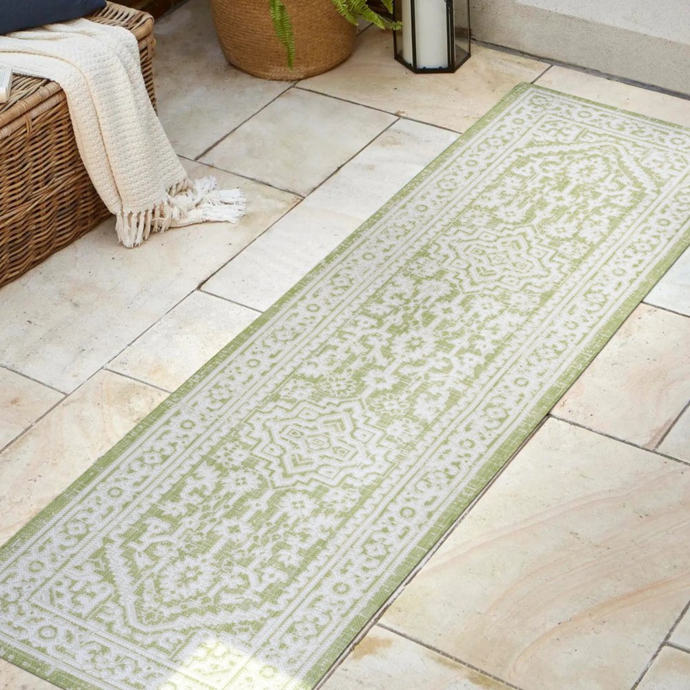 10' Green And Cream Medallion Indoor Outdoor Runner Rug HomeRoots