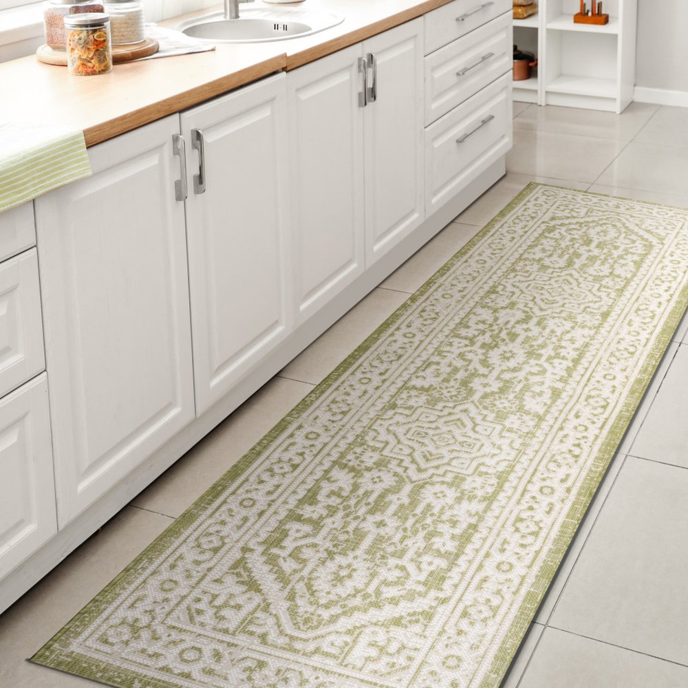 10' Green And Cream Medallion Indoor Outdoor Runner Rug HomeRoots