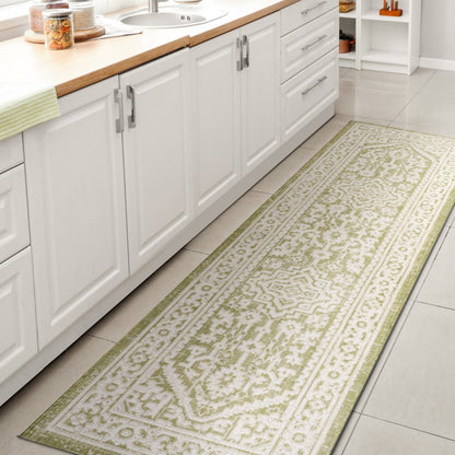 10' Green And Cream Medallion Indoor Outdoor Runner Rug HomeRoots