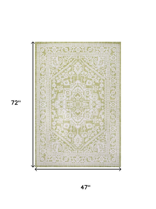 4' X 6' Green And Cream Medallion Indoor Outdoor Area Rug