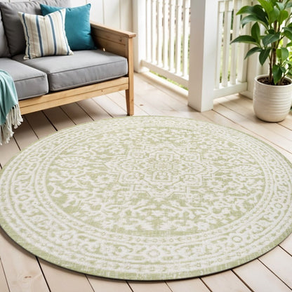 5' Green And Cream Round Medallion Indoor Outdoor Area Rug HomeRoots