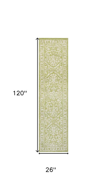 10' Green And Cream Medallion Indoor Outdoor Runner Rug HomeRoots